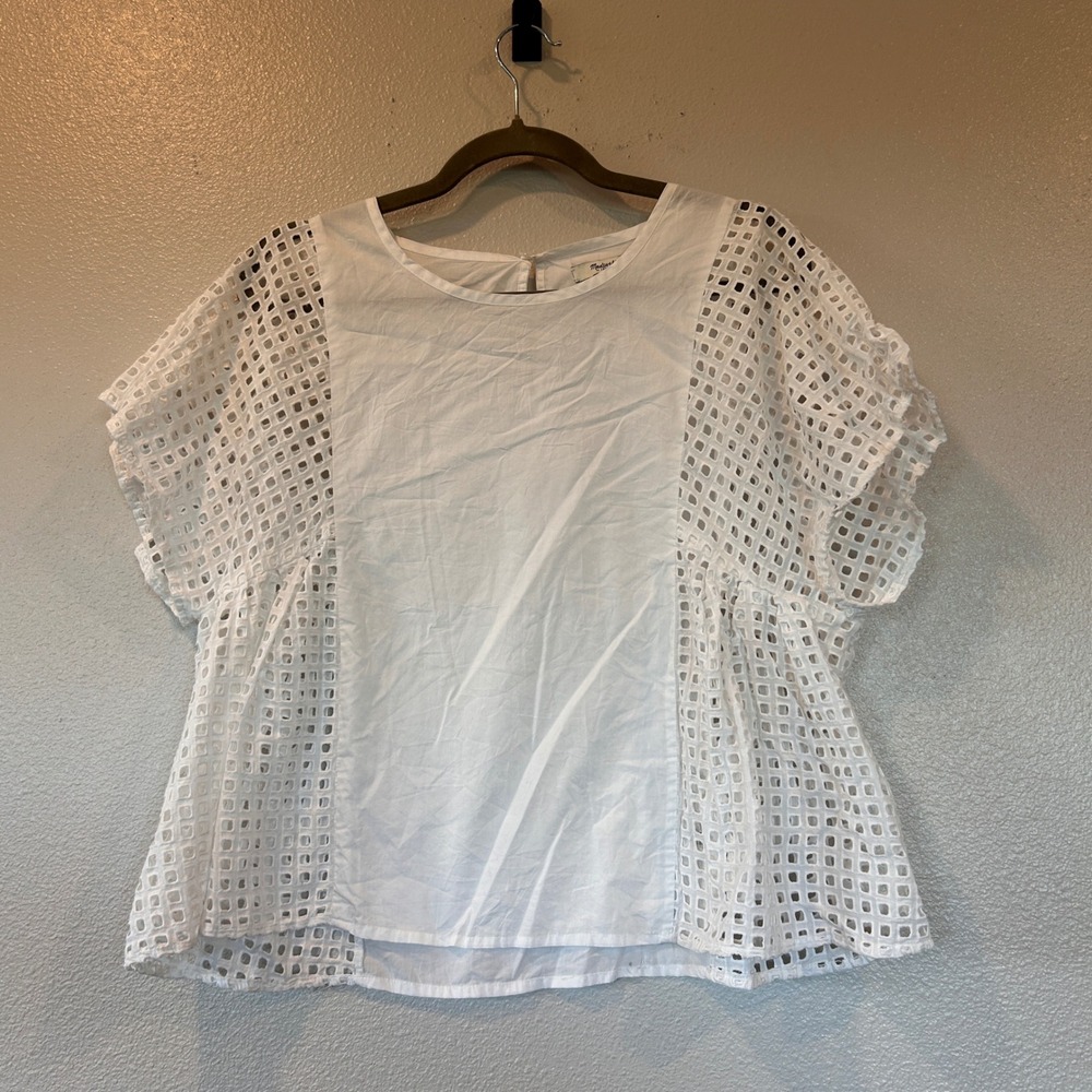 Madewell Womens White Cotton Geometric Eyelet Lace Short Sleeve Blouse Size M
